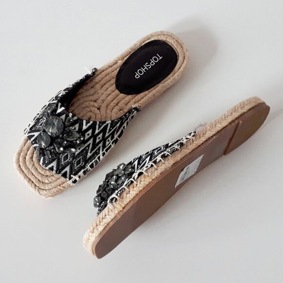 NWT Topshop black & white textile smoked crystal bejewelled flat slide sandals - Picture 10 of 12